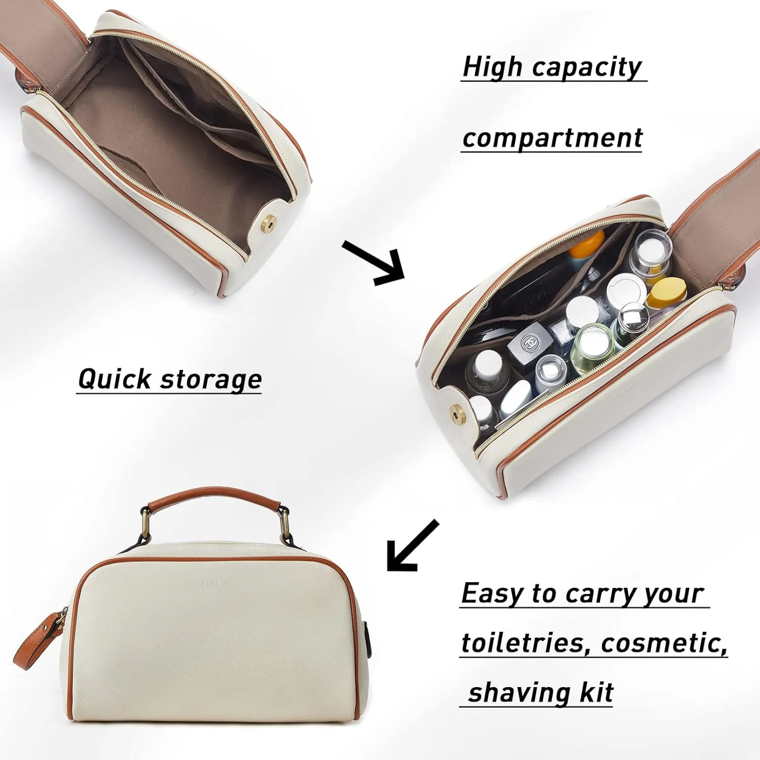 Telena Travel Toiletry Bag Makeup Cosmetic Bags for Women Waterproof PU Leather Toiletry Organizer Portable Large Capacity Beige with Brown