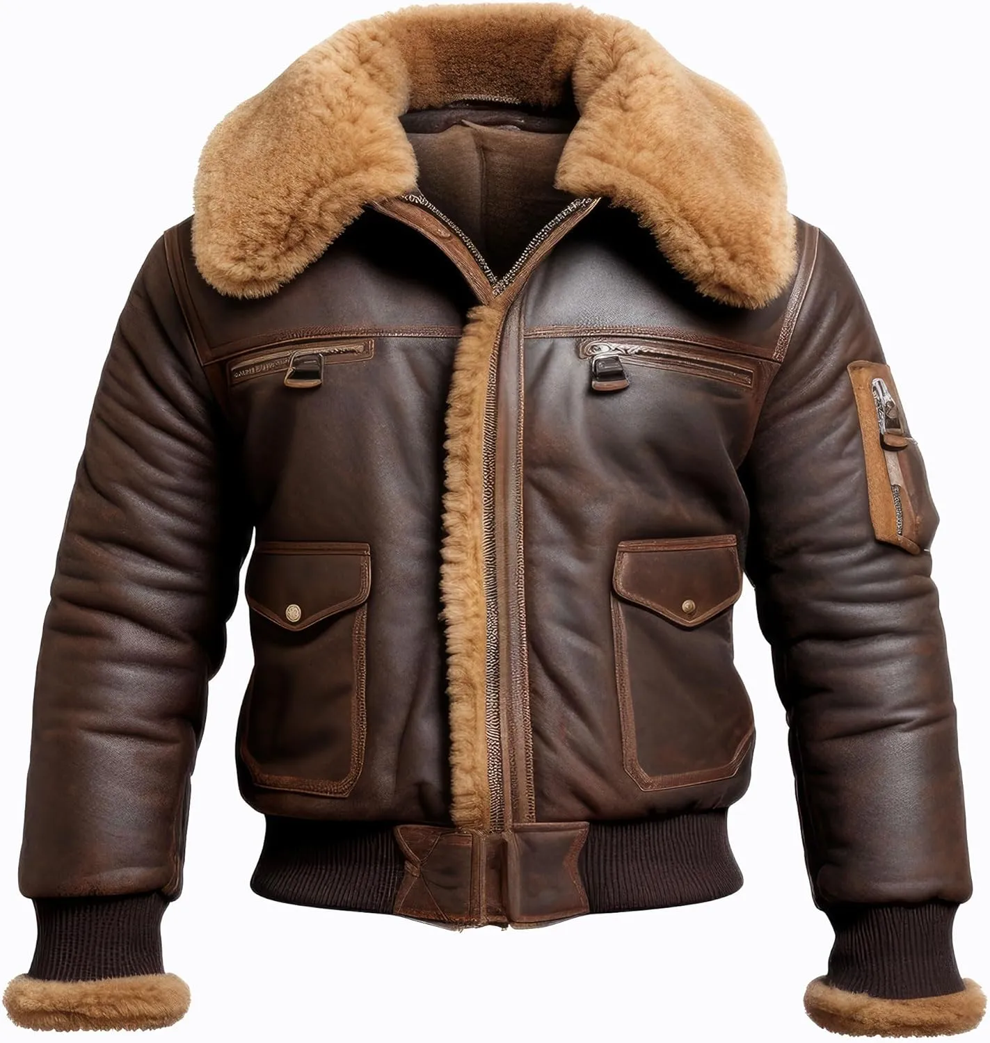 The Next Men Aviator Lapel Fur Leather Jacket Casual Bomber Coat Front Pockets Aviation Genuine Leather Jackets