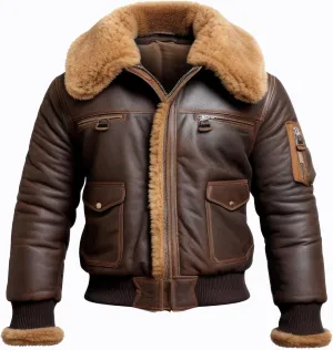 The Next Men Aviator Lapel Fur Leather Jacket Casual Bomber Coat Front Pockets Aviation Genuine Leather Jackets