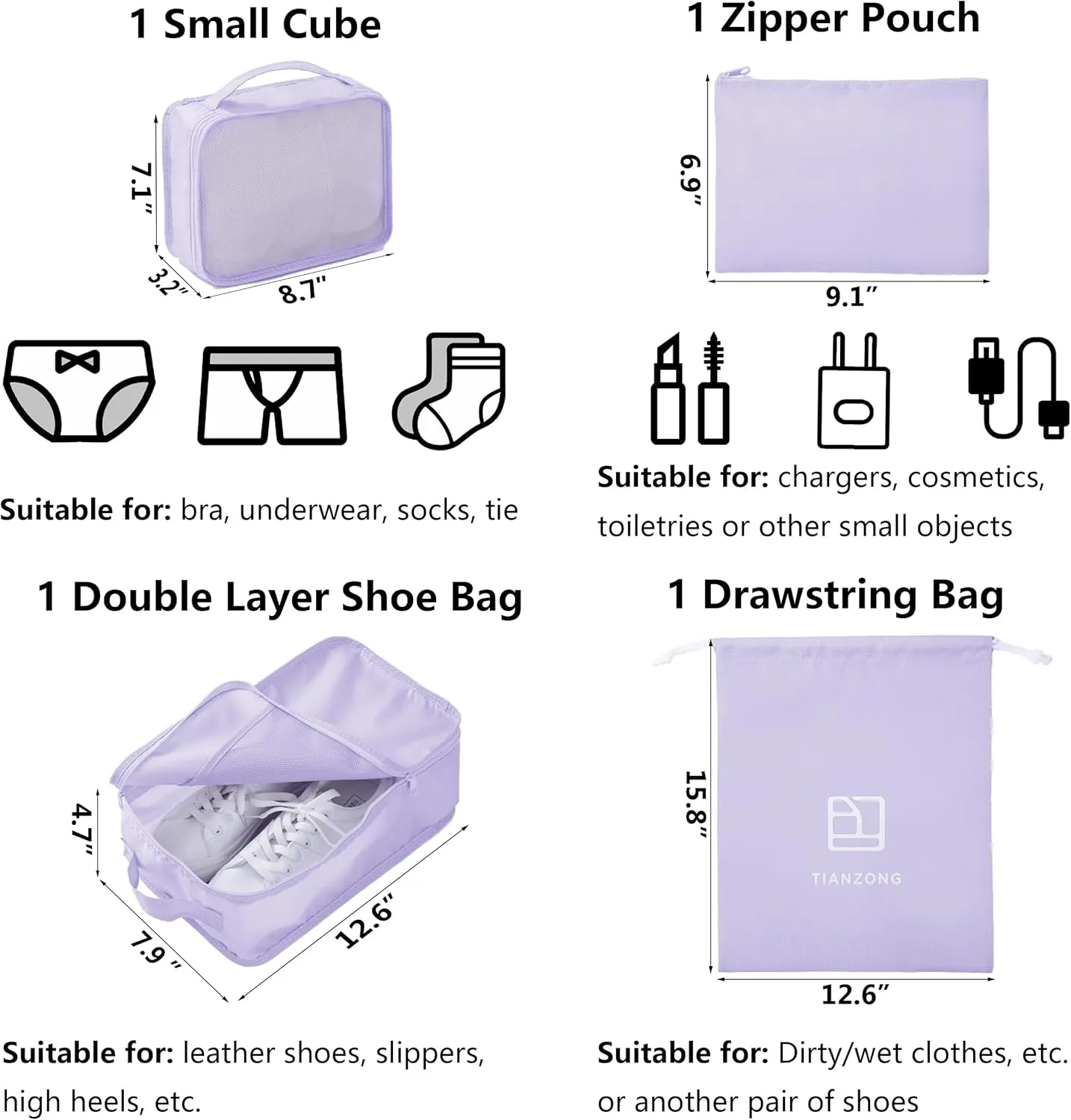 tianzong 7-piece Set Packing Cubes, Travel Bags for Luggage, Packing Organizers with Shoe Bag (Purple)
