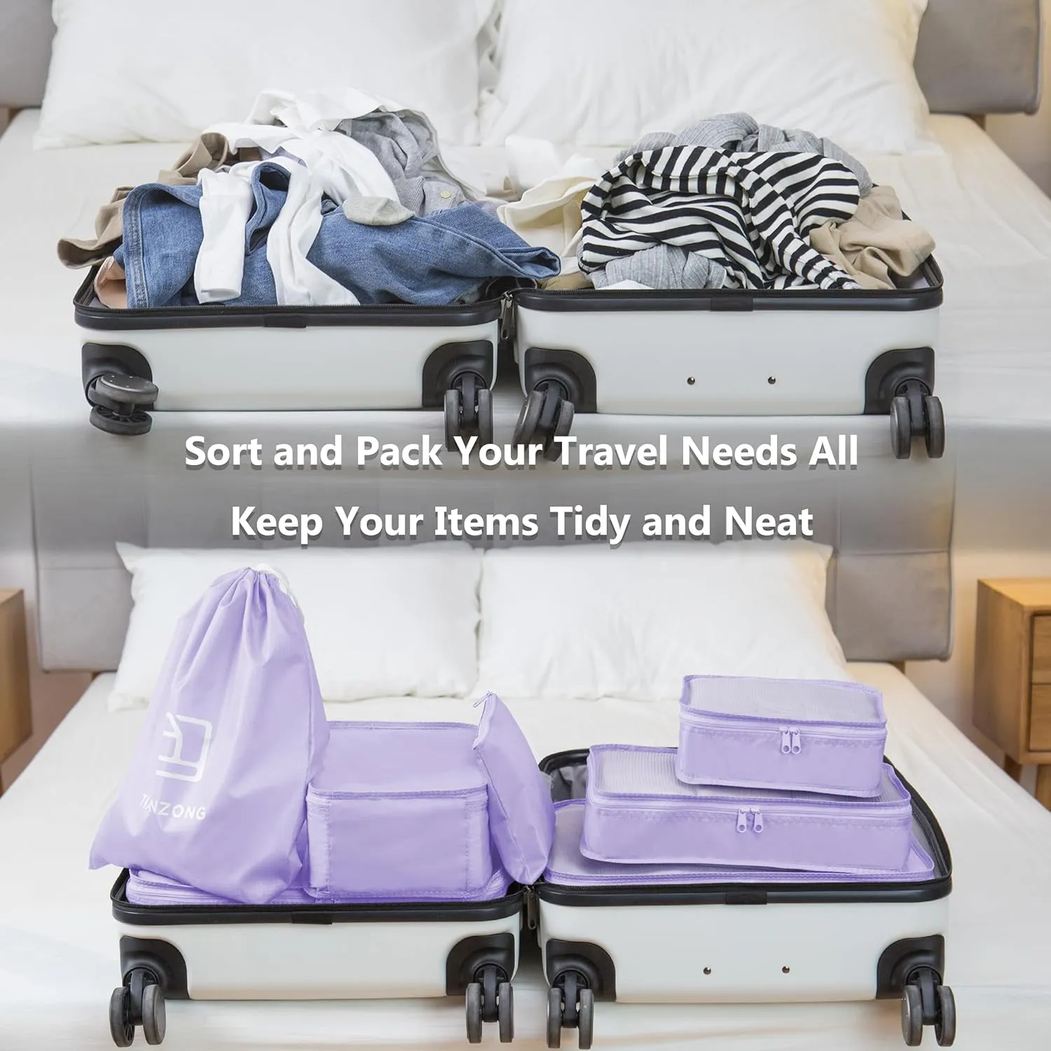 tianzong 7-piece Set Packing Cubes, Travel Bags for Luggage, Packing Organizers with Shoe Bag (Purple)