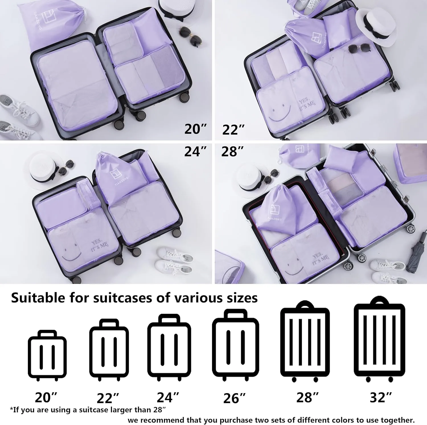 tianzong 7-piece Set Packing Cubes, Travel Bags for Luggage, Packing Organizers with Shoe Bag (Purple)