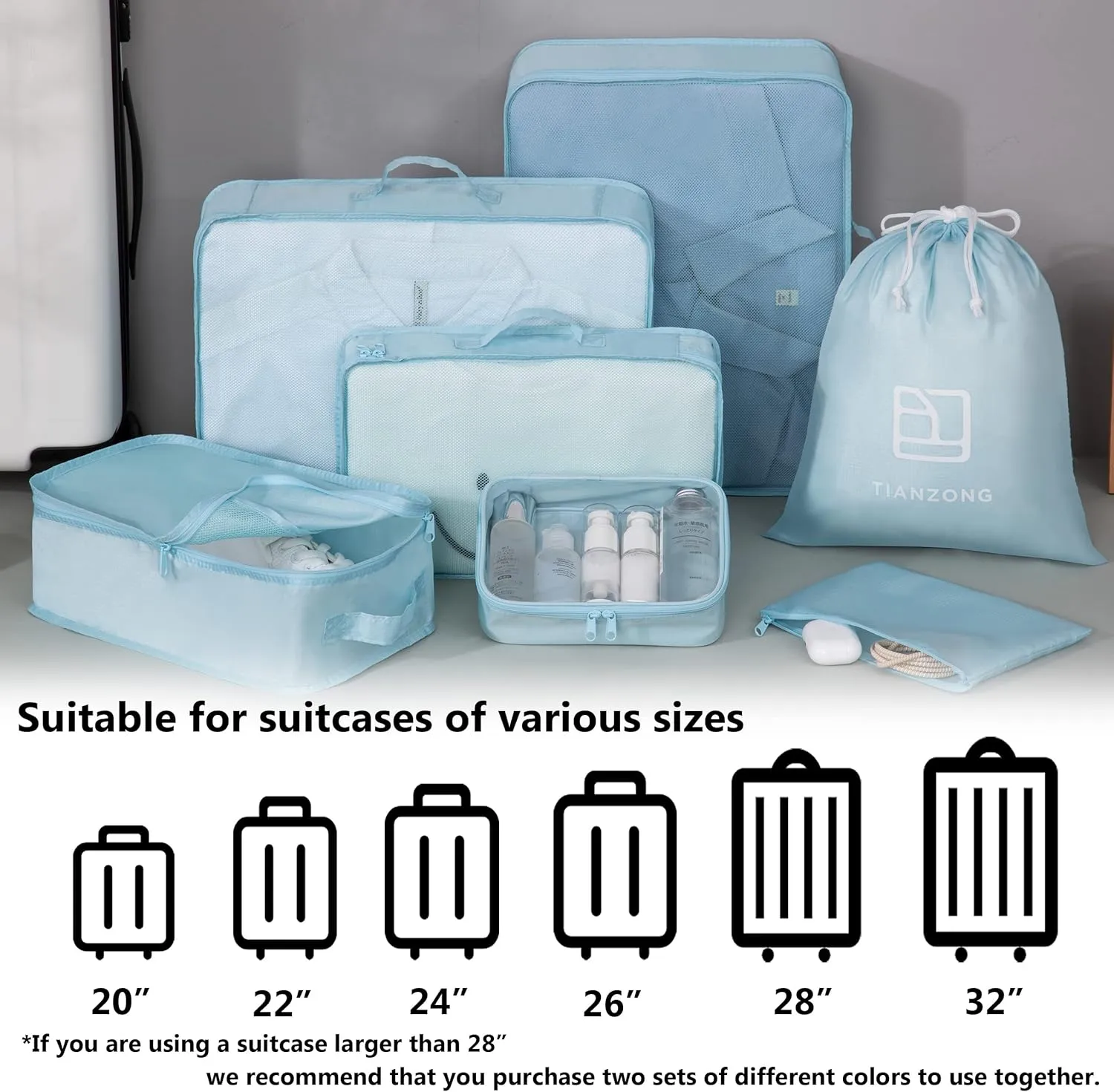 tianzong 7-piece Set Packing Cubes, Travel Bags for Luggage, Packing Organizers with Shoe Bag (Sky Blue with a Toiletry Bag)