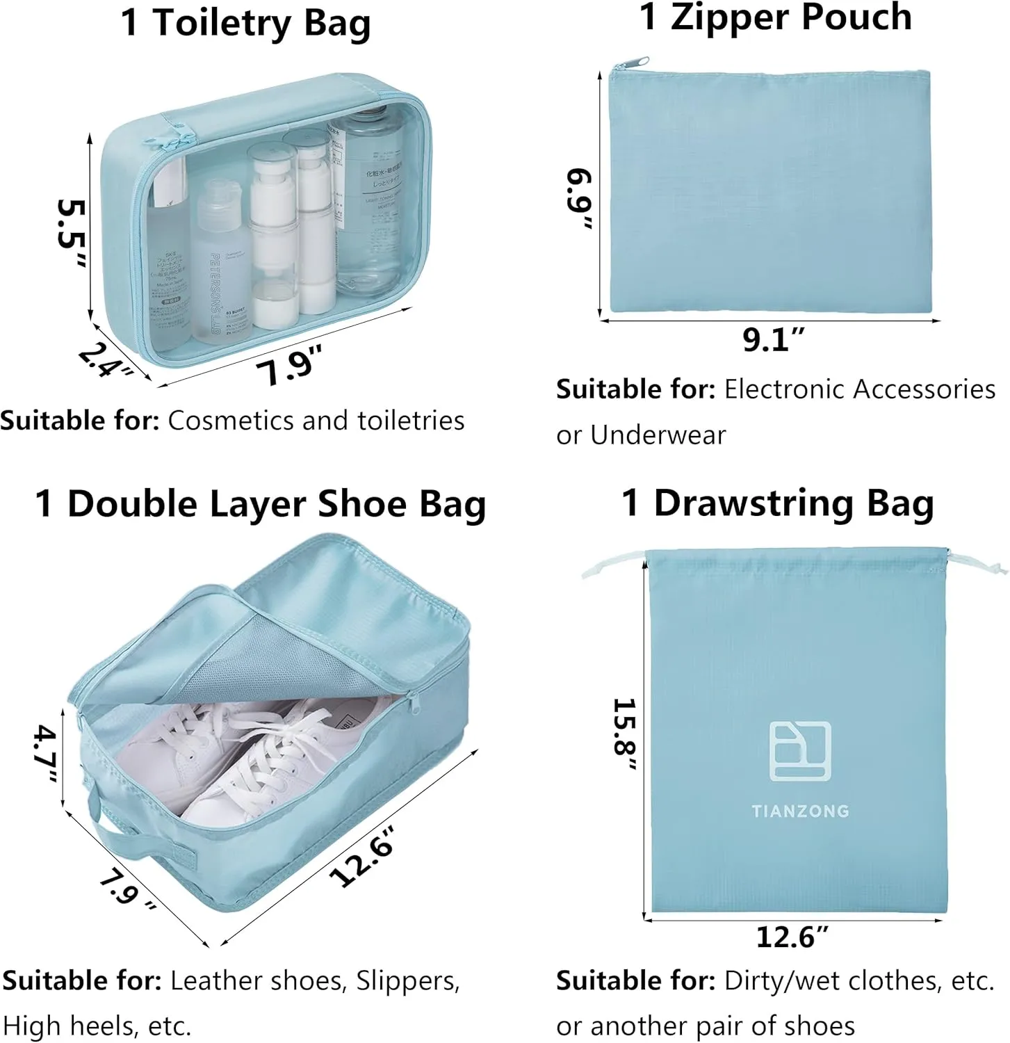 tianzong 7-piece Set Packing Cubes, Travel Bags for Luggage, Packing Organizers with Shoe Bag (Sky Blue with a Toiletry Bag)