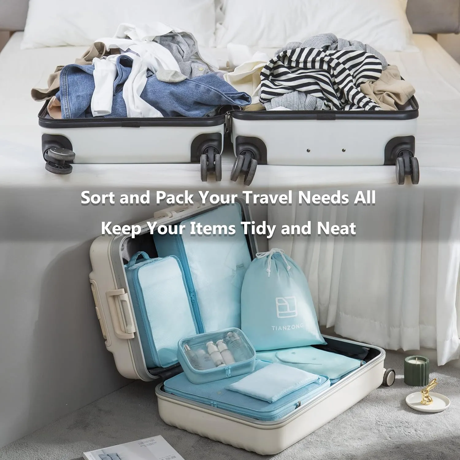 tianzong 7-piece Set Packing Cubes, Travel Bags for Luggage, Packing Organizers with Shoe Bag (Sky Blue with a Toiletry Bag)