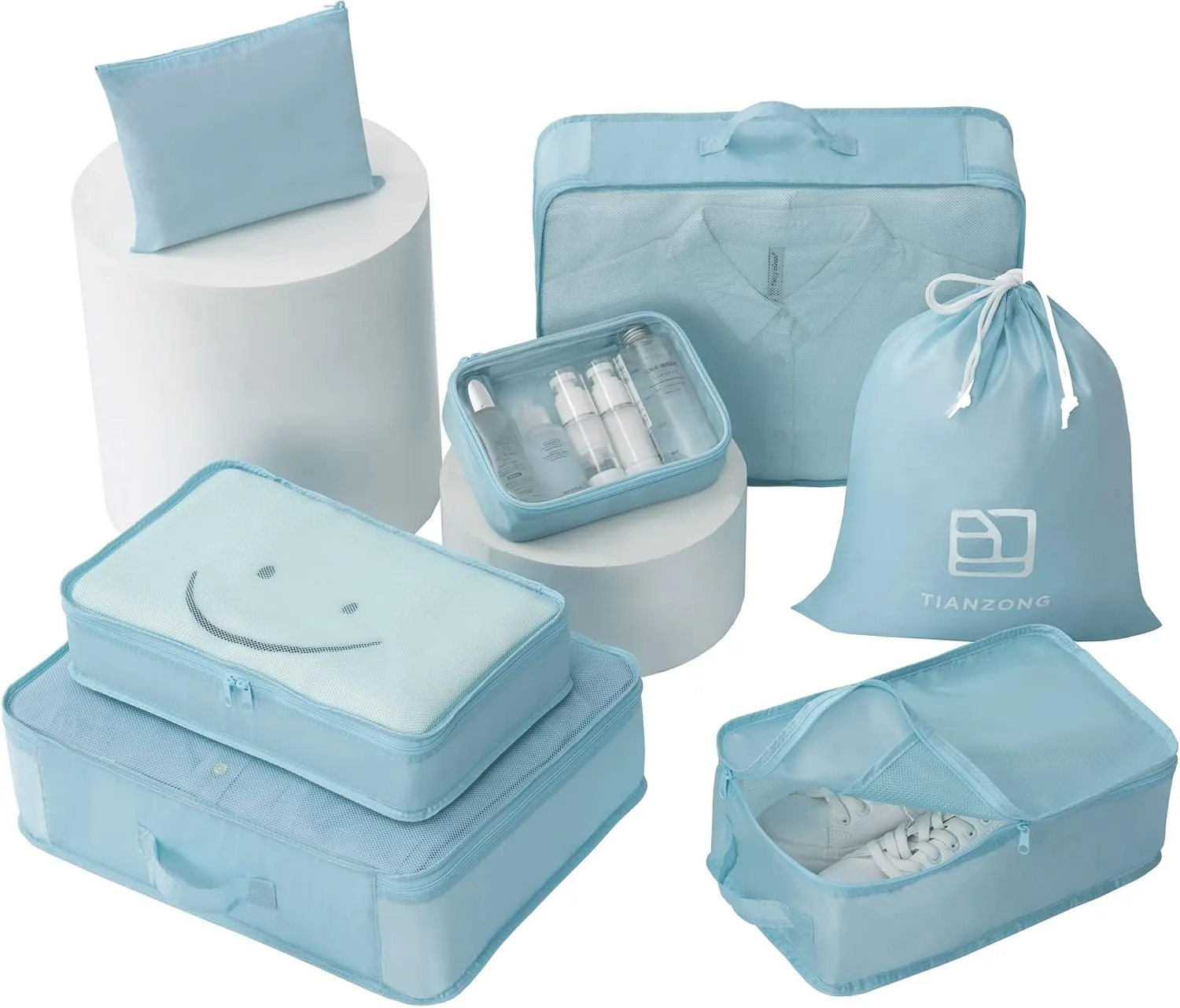 tianzong 7-piece Set Packing Cubes, Travel Bags for Luggage, Packing Organizers with Shoe Bag (Sky Blue with a Toiletry Bag)