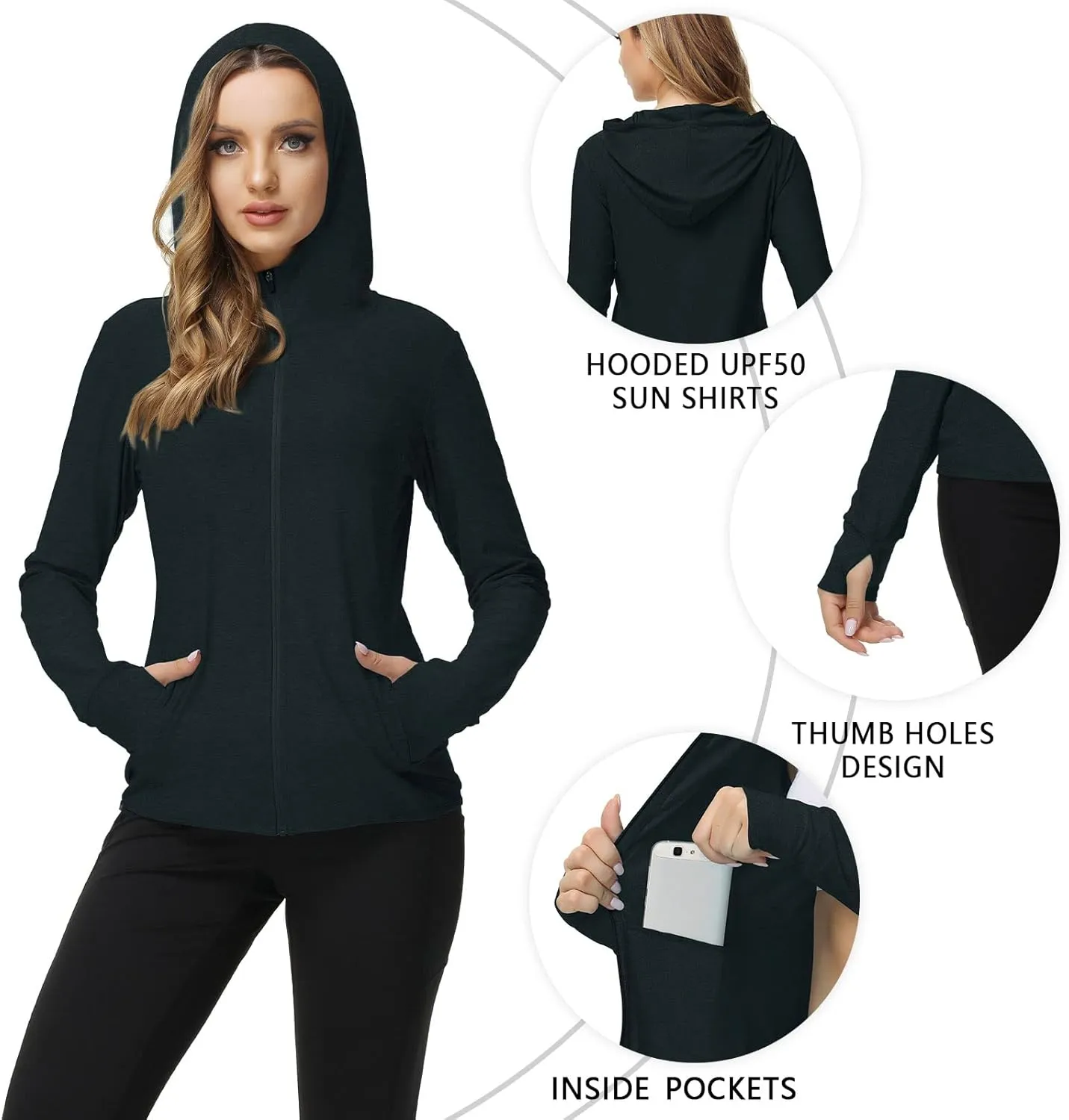 TIHEEN Women's UPF 50  Sun Protection Hoodie Jacket Lightweight Full Zip Athletic Jacket Long Sleeve Shirt with Pockets