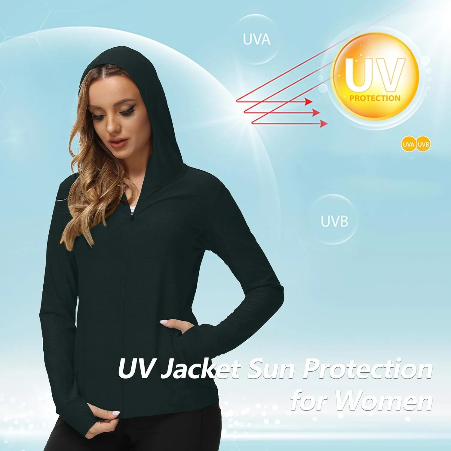 TIHEEN Women's UPF 50  Sun Protection Hoodie Jacket Lightweight Full Zip Athletic Jacket Long Sleeve Shirt with Pockets
