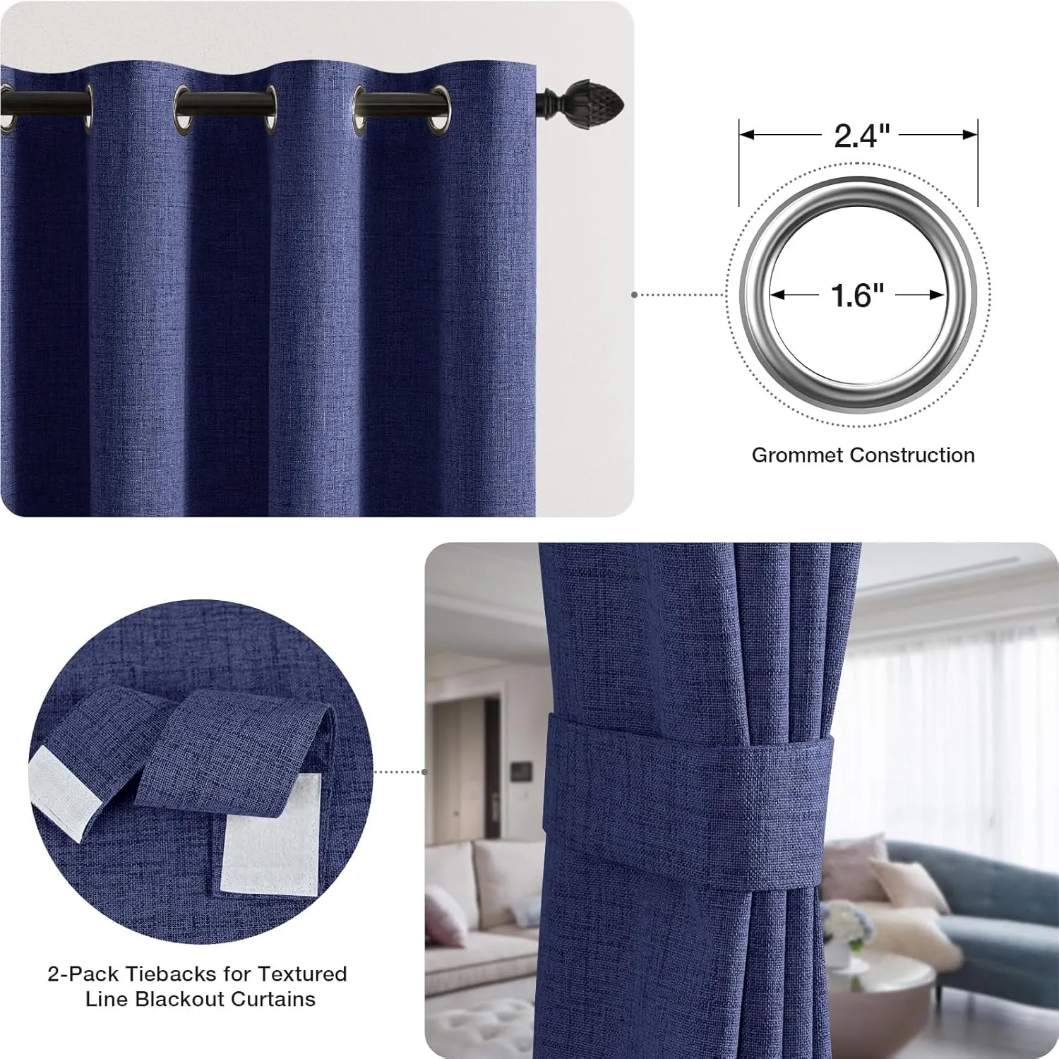 Timeles Blackout Curtains 84 Inches Long – 2 Panels Linen Curtains with Grommets, Room Darkening Drapes with White Liner for Bedroom & Living Room, 52 x 84 Inches, Navy Blue