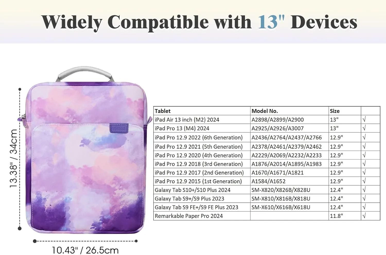 TiMOVO 13 Inch Tablet Sleeve Handbag with Shoulder Strap for iPad Air 13" M3 2025, iPad Pro 13", iPad Pro 12.9", Galaxy Tab S9 /S9 Plus/S10 /S10 Plus/S9 FE /S9 FE Plus 12.4", Watercolor Purple