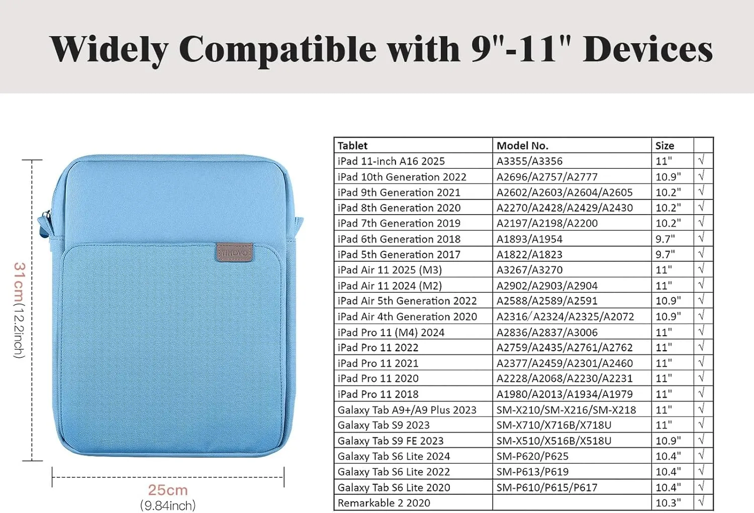 TiMOVO 9-11 Inch Tablet Sleeve Bag with Shoulder Strap for iPad 11-inch A16 2025, iPad 10th Gen. 10.9", iPad 9th/8th/7th Gen. 10.2", iPad Air 11/5th/4th Gen. 10.9", Galaxy Tab A9 Plus 11", Dusty Blue