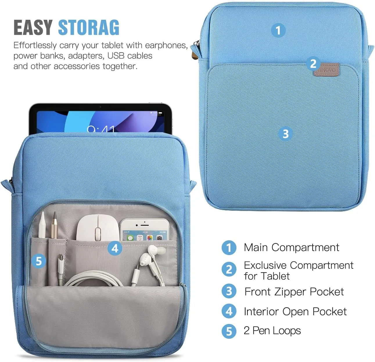 TiMOVO 9-11 Inch Tablet Sleeve Bag with Shoulder Strap for iPad 11-inch A16 2025, iPad 10th Gen. 10.9", iPad 9th/8th/7th Gen. 10.2", iPad Air 11/5th/4th Gen. 10.9", Galaxy Tab A9 Plus 11", Dusty Blue