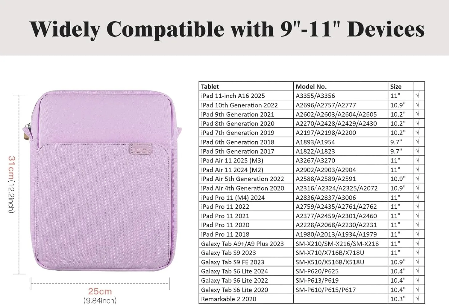 TiMOVO 9-11 Inch Tablet Sleeve Bag with Shoulder Strap for iPad 11-inch A16 2025, iPad 10th Gen. 10.9", iPad 9th/8th/7th Gen. 10.2", iPad Air 11/5th/4th Gen. 10.9", Galaxy Tab A9 Plus 11", Purple