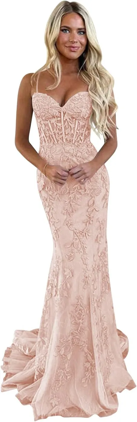 TIRAS Spaghetti Straps Lace Appliques Mermaid Prom Dresses for Women 2025 Tulle Long Ball Gown Evening Formal Dress CM177