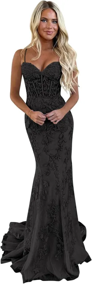 TIRAS Spaghetti Straps Lace Appliques Mermaid Prom Dresses for Women 2025 Tulle Long Ball Gown Evening Formal Dress CM177