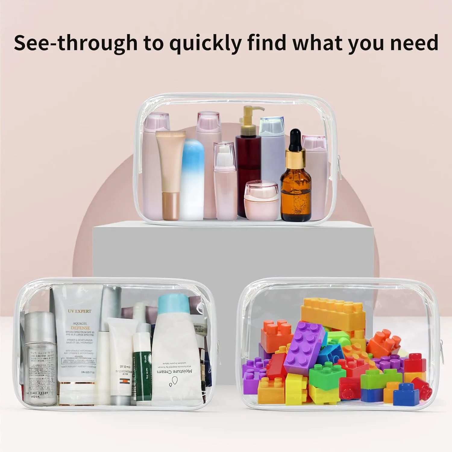 TISRATOK 24 PCS Clear Toiletry Bag for Women Men, Transparent Cosmetic Bag for Travel Makeup Organizer TSA Approved Pouch - Black,Medium