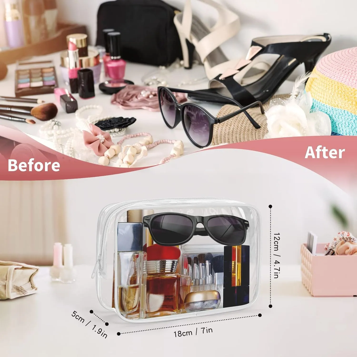 TISRATOK 24 PCS Clear Toiletry Bag for Women Men, Transparent Cosmetic Bag for Travel Makeup Organizer TSA Approved Pouch - Black,Medium