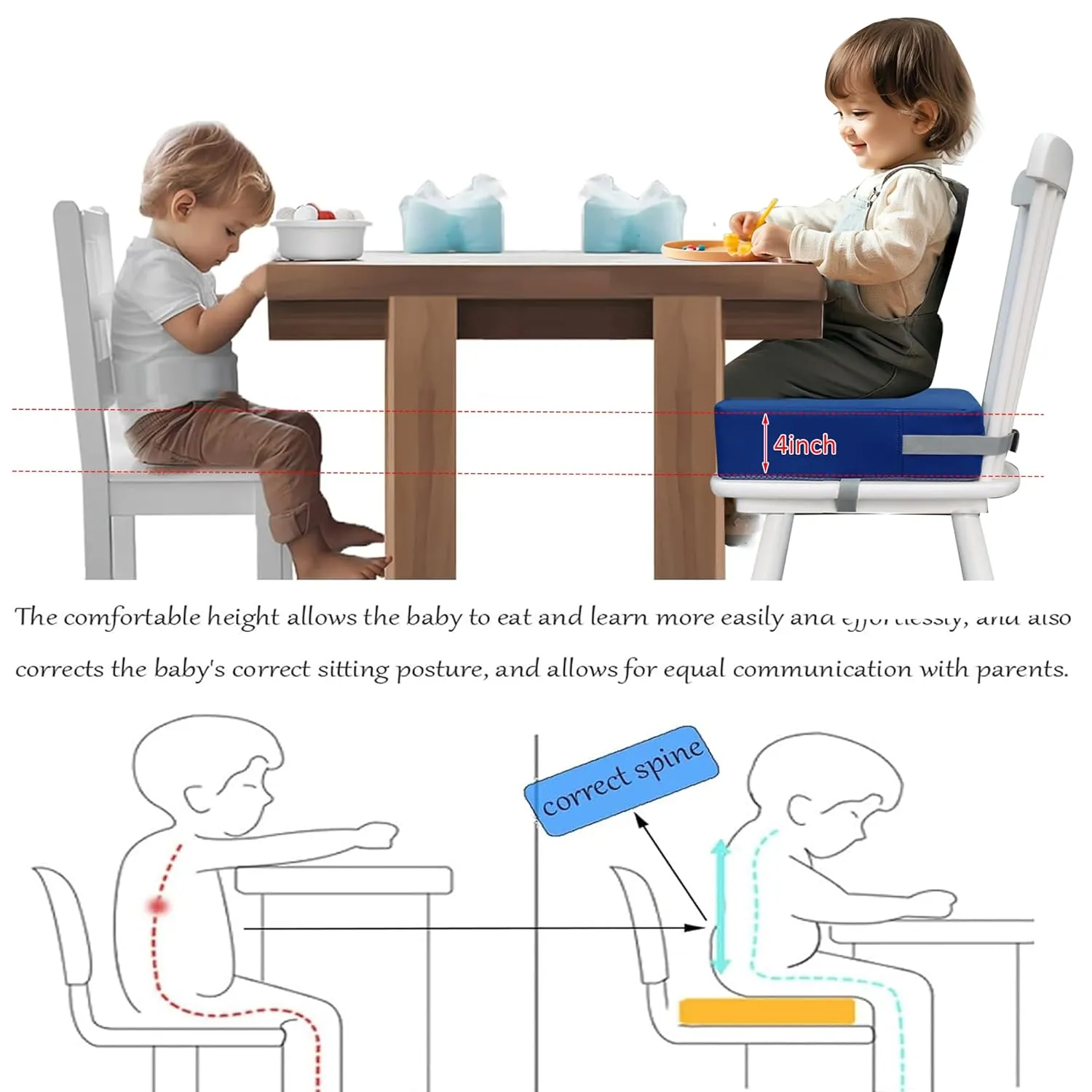 Toddler Booster Seat for Dining Table, 2 Elastic Seat Belts, Anti Scratch PU Skin-Friendly, Waterproof, Anti-Wrinkle, Detachable Non-Slip Bottom - Dark Blue