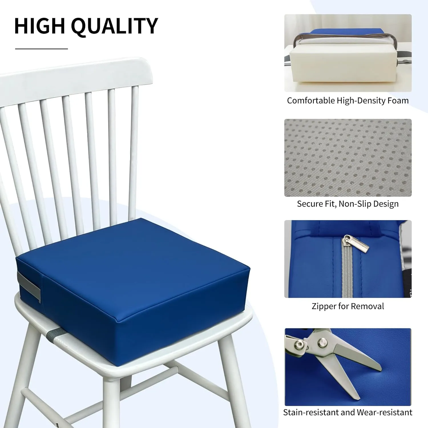Toddler Booster Seat for Dining Table, 2 Elastic Seat Belts, Anti Scratch PU Skin-Friendly, Waterproof, Anti-Wrinkle, Detachable Non-Slip Bottom - Dark Blue
