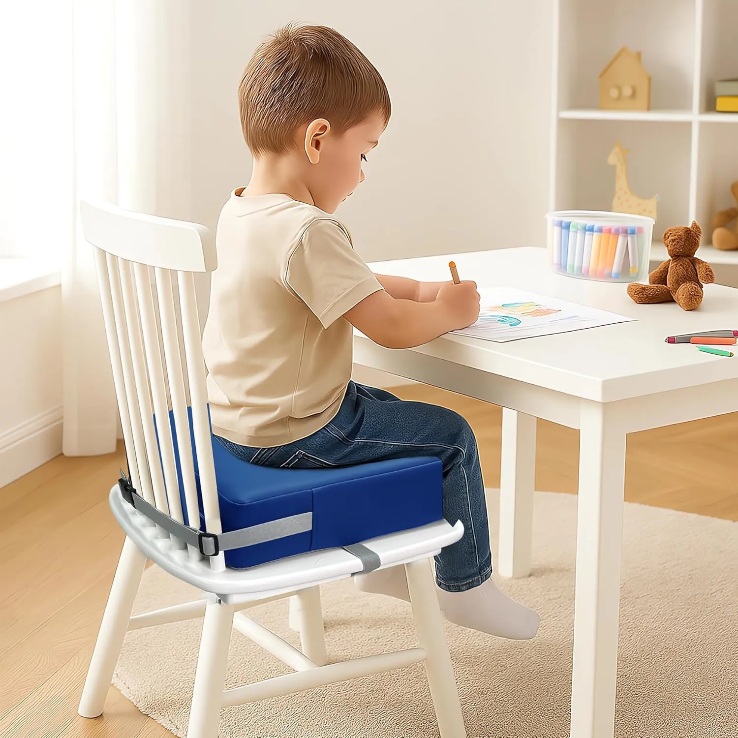 Toddler Booster Seat for Dining Table, 2 Elastic Seat Belts, Anti Scratch PU Skin-Friendly, Waterproof, Anti-Wrinkle, Detachable Non-Slip Bottom - Dark Blue