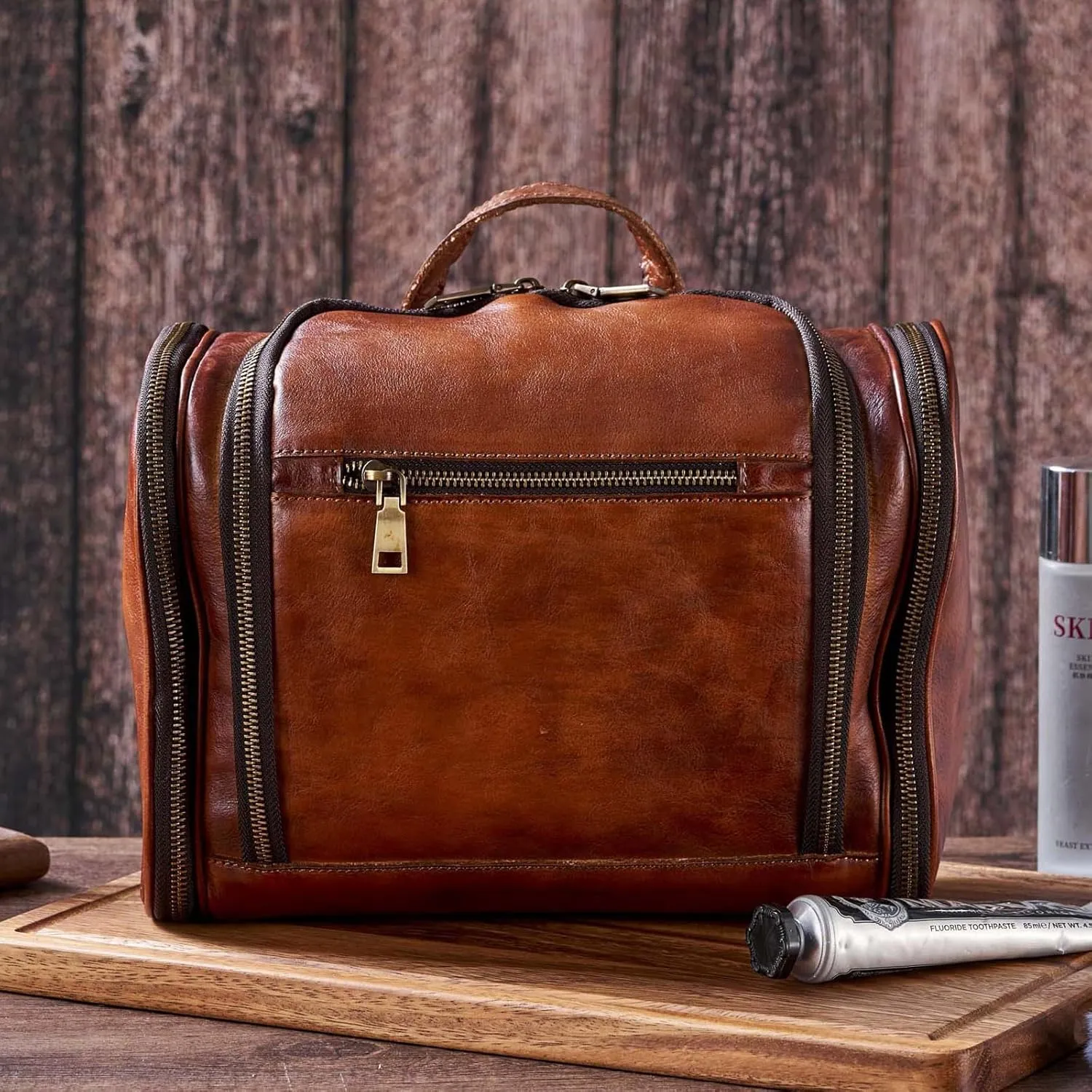 Toiletry Bag For Men, Genuine Leather Toiletries Organizer, Large Travel Hanging Toiletry Bag Water-resistant Bathroom Shaving Kit for Cosmetics, Makeup Case Travel Dopp Kit