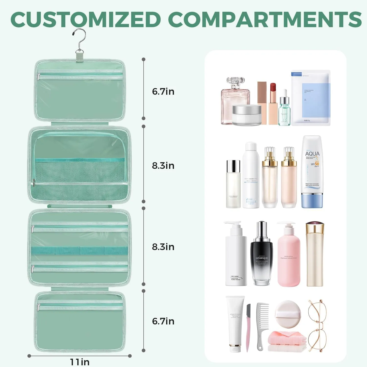 Toiletry Bag For women,Portable Hanging Organizer,4 Leakproof Compartment for full-sized Conditioner, Brushes Set, Makeup Accessories,Visible and easy to access.M-mint