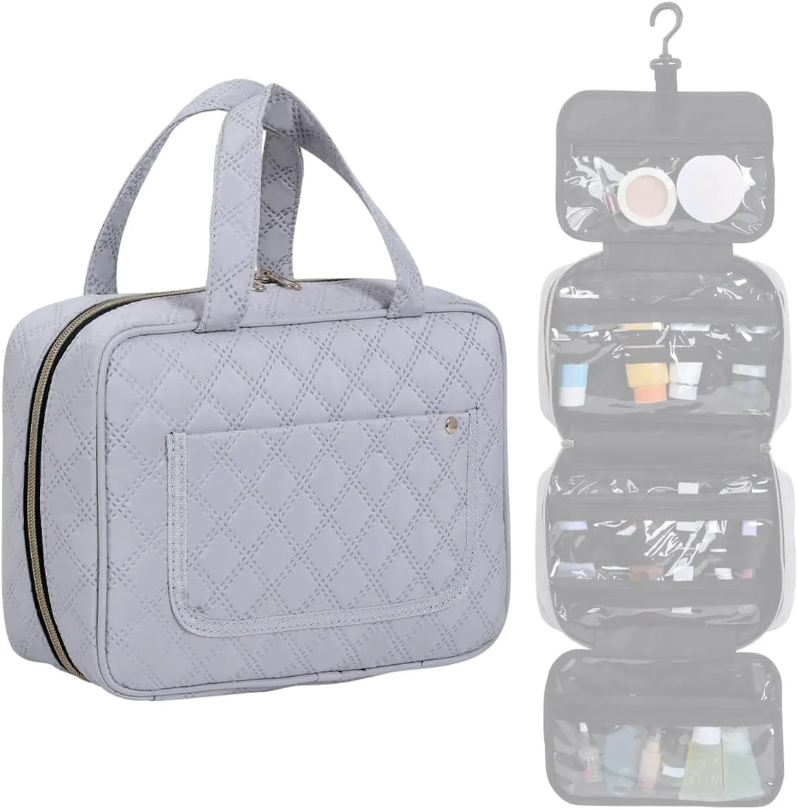 Toiletry Bag Hanging Travel Makeup Organizer for Women and Men with Hooks Water-resistant Multi Compartment Transparent Cosmetics Storage Box for Makeup Accessories, Toiletries Grey
