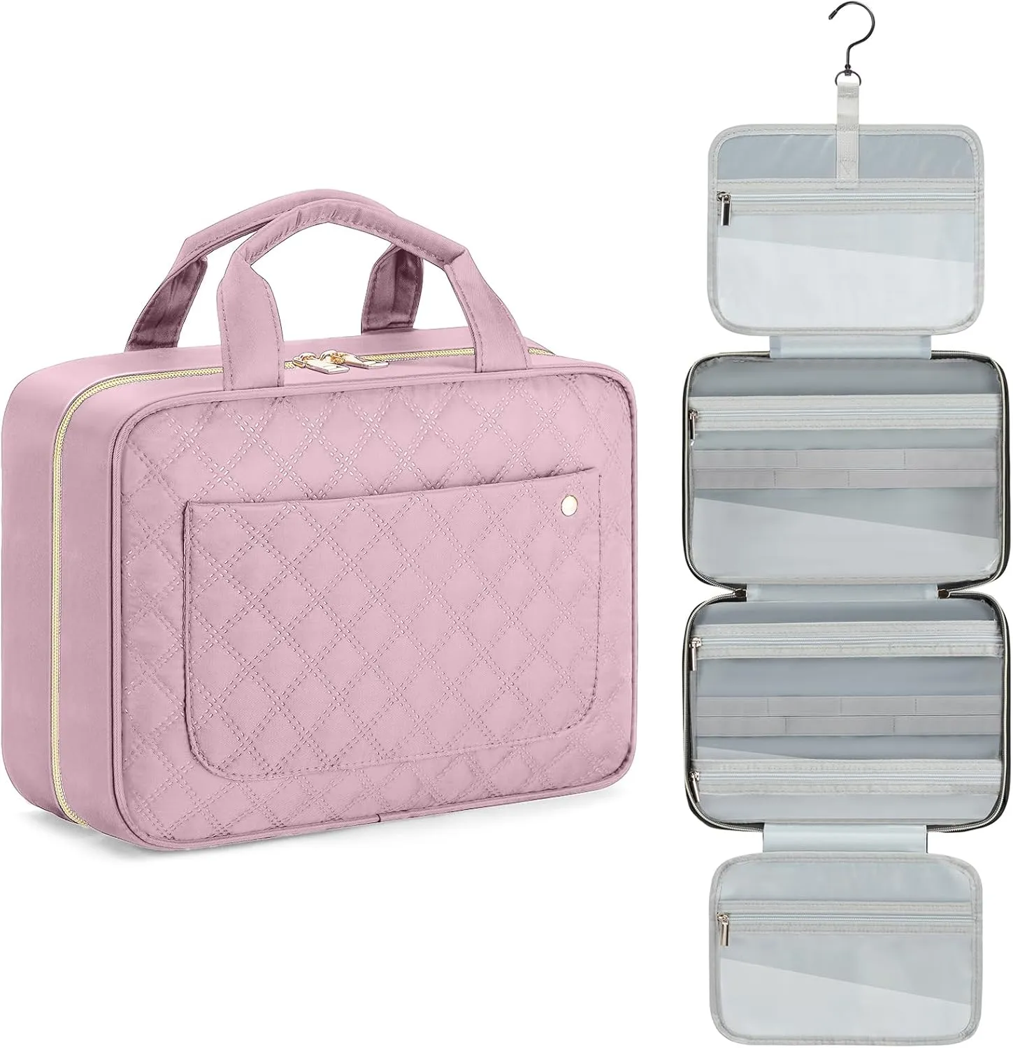 Toiletry Bag Hanging Travel Makeup Organizer with TSA Approved Transparent Cosmetic Bag Makeup Bag for Full Sized Toiletries (Pink)