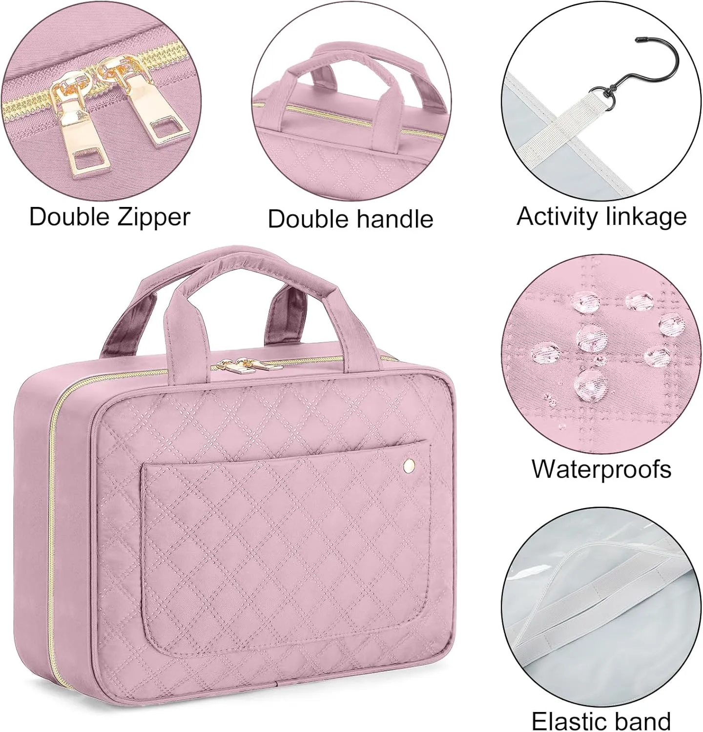 Toiletry Bag Hanging Travel Makeup Organizer with TSA Approved Transparent Cosmetic Bag Makeup Bag for Full Sized Toiletries (Pink)