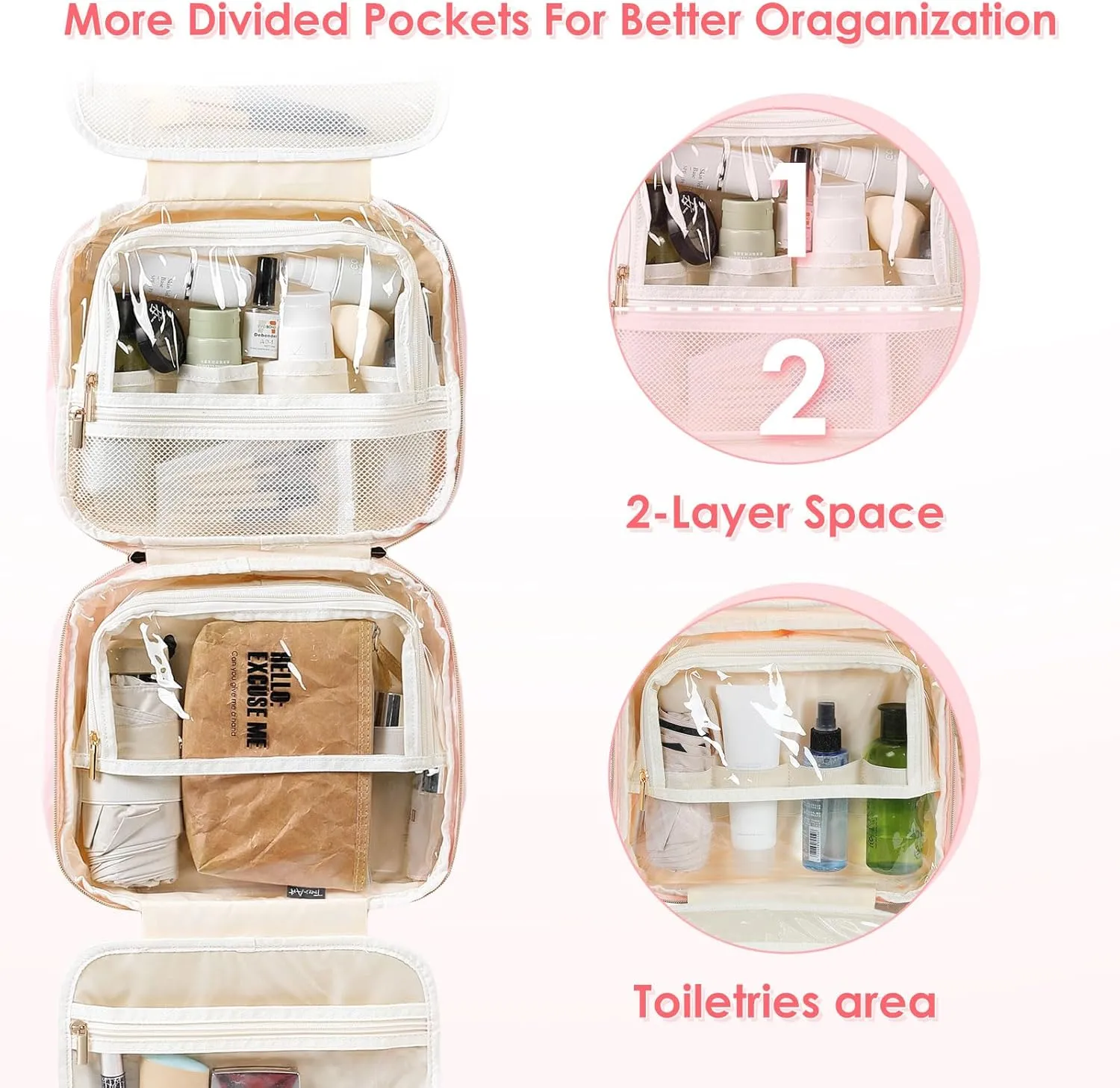 Toiletry Bag Hanging Travel Toiletry Makeup Bag with Hanging Hook Transparent Cosmetic Bag Make up Bag for Women (Pink)