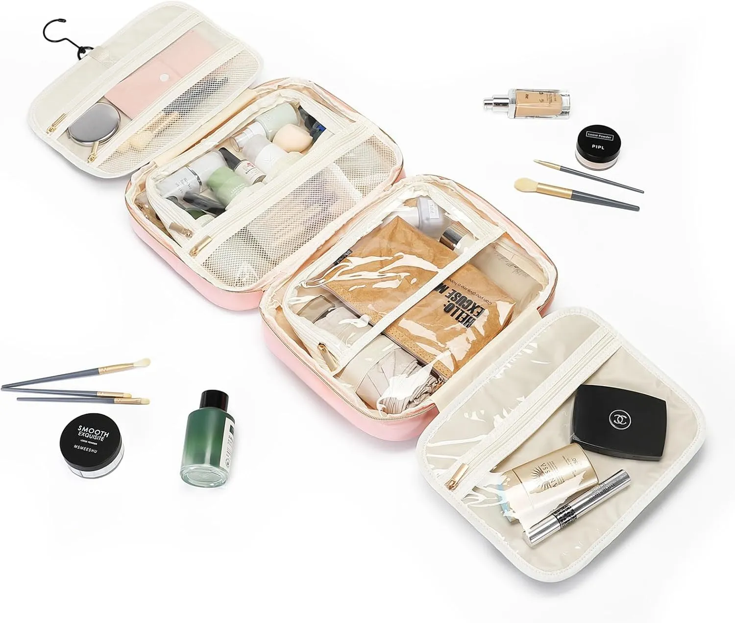 Toiletry Bag Hanging Travel Toiletry Makeup Bag with Hanging Hook Transparent Cosmetic Bag Make up Bag for Women (Pink)