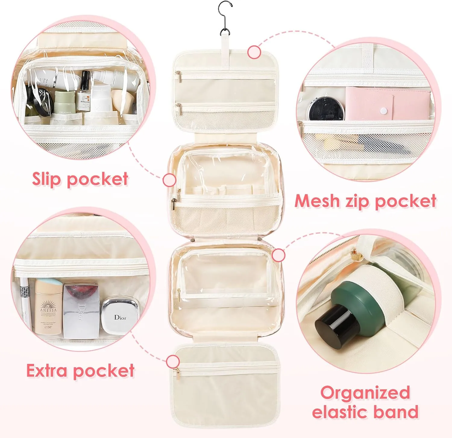 Toiletry Bag Hanging Travel Toiletry Makeup Bag with Hanging Hook Transparent Cosmetic Bag Make up Bag for Women (Pink)