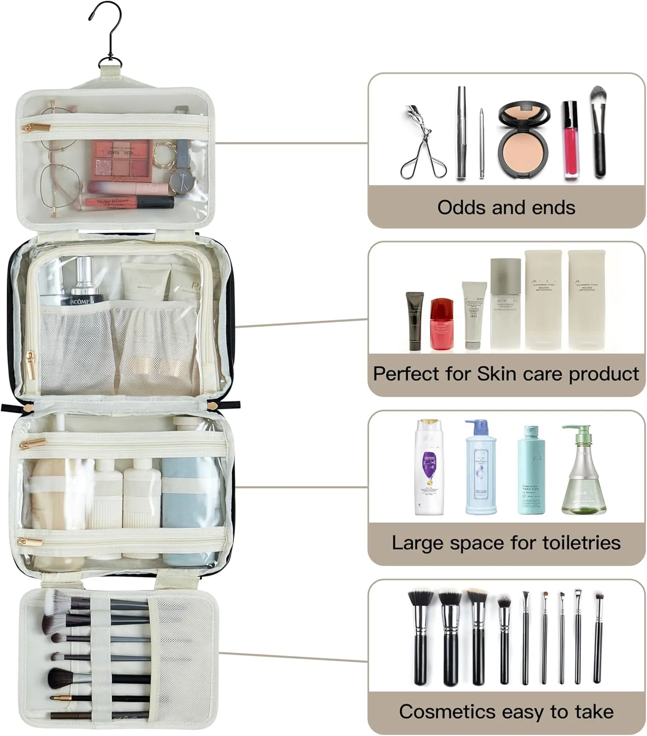 Toiletry Bag, Travel Bag for Women & Men, Portable Cosmetic Bag with Hanging Hook, Durable, Waterproof for Shampoo, Makeup, Essentials, Toiletries Acessories (Black)