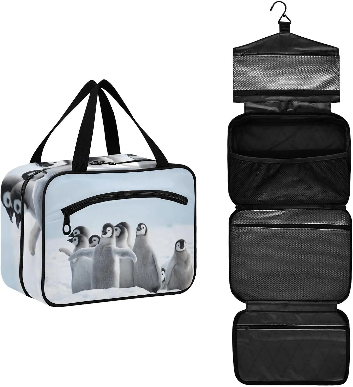 Toiletry Bag Travel Bag with Hanging Hook, Emperor Penguins Chicks Makeup Cosmetic Bag Travel Organizer for Accessories, Detachable Makeup Pouch For Full Sized Container - L