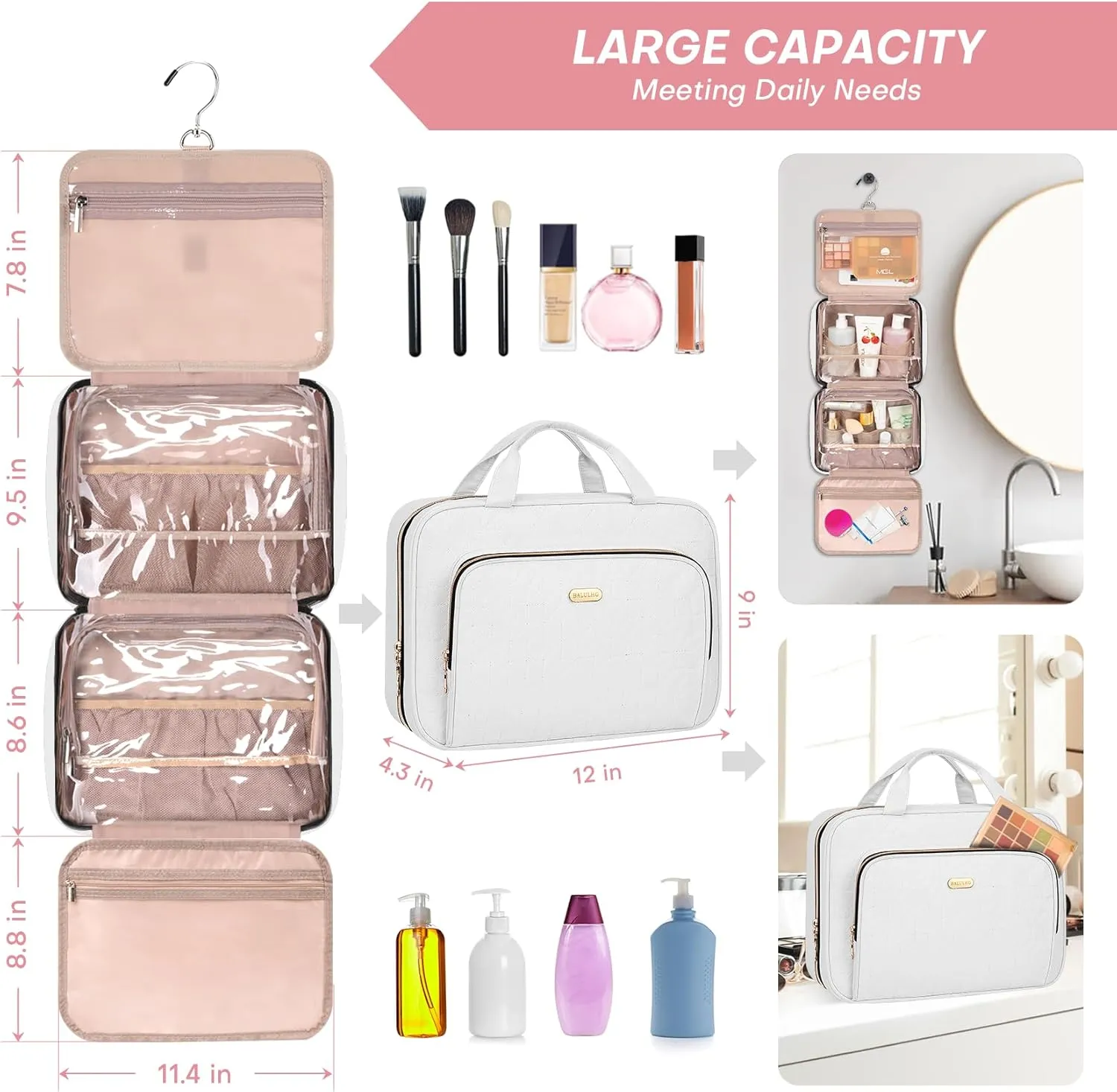 Toiletry Bag with Hanging Hook, Portable Makeup Cosmetic Bags, Space-efficient, Collapsible Moving, making it more suitable for Travel