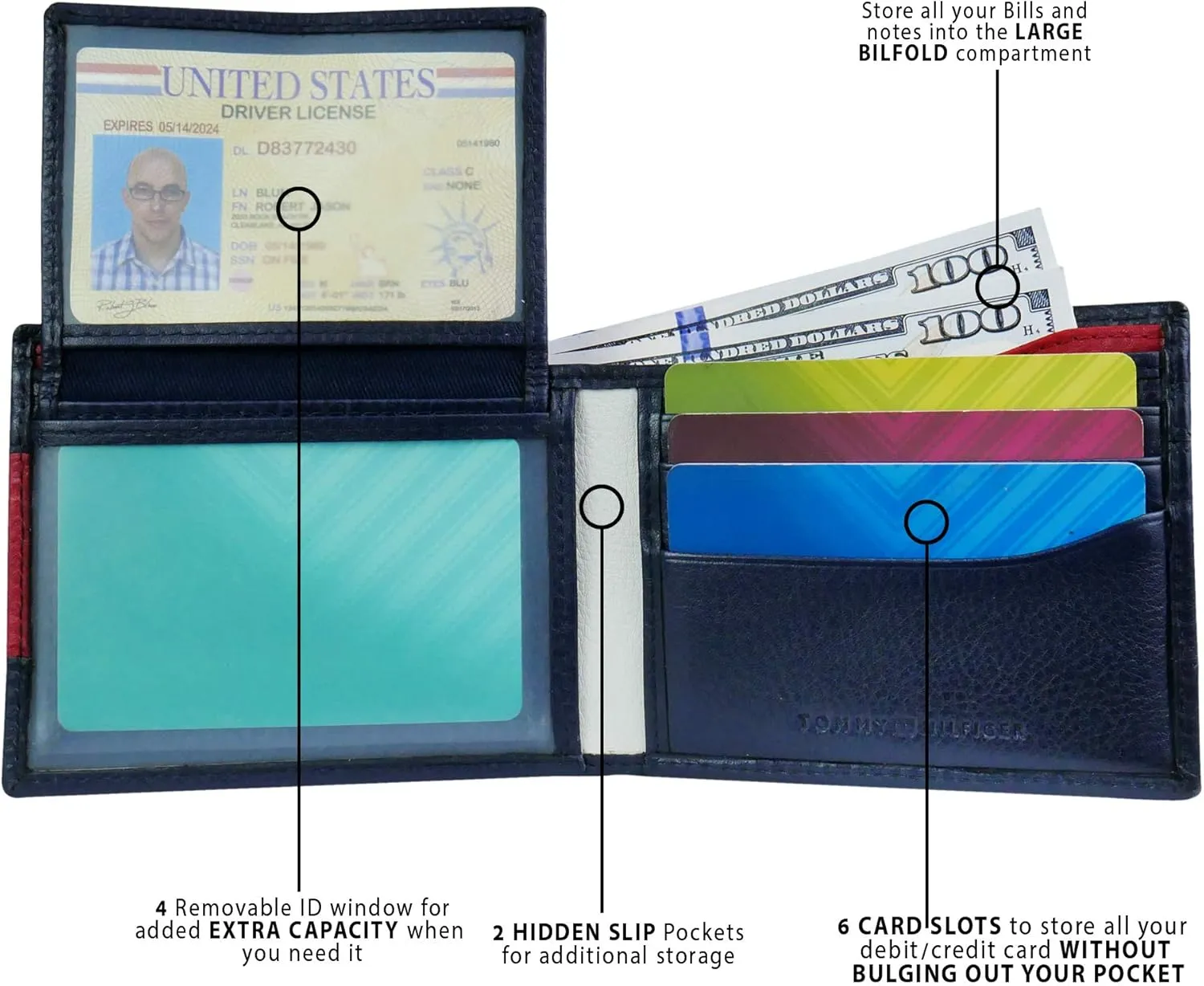 Tommy Hilfiger Men's Classic Logo Style Passcase Bifold Wallet with Multiple Card Slots and ID Window
