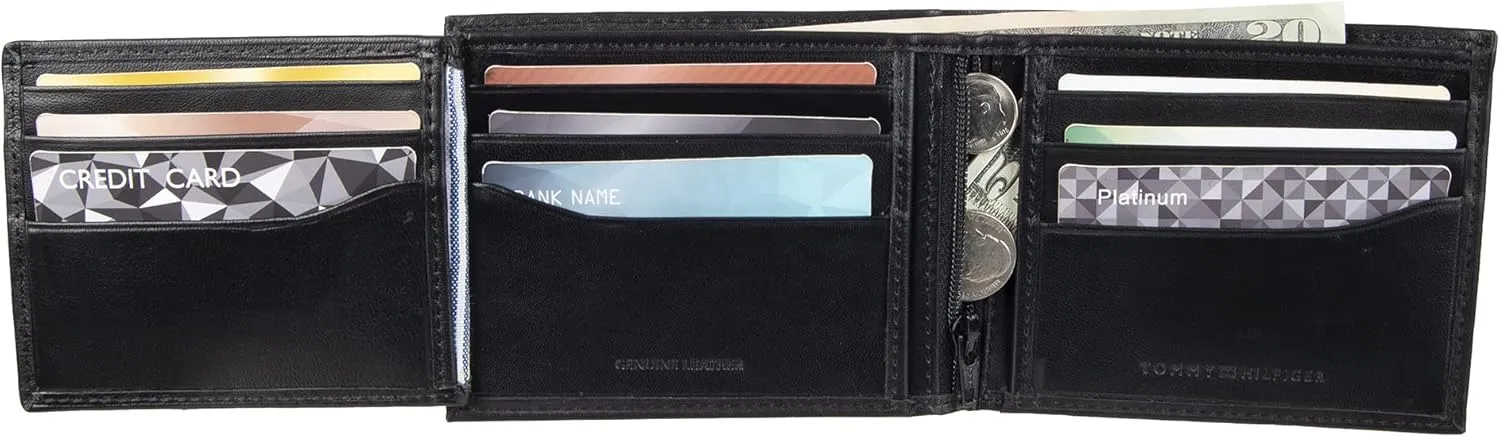 Tommy Hilfiger Men's Classic Logo Style Passcase Bifold Wallet with Multiple Card Slots and ID Window