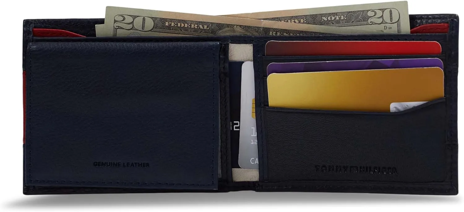 Tommy Hilfiger Men's Classic Logo Style Passcase Bifold Wallet with Multiple Card Slots and ID Window