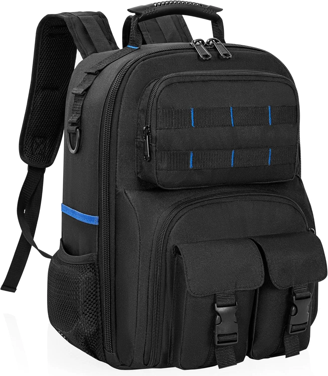 Tool Backpack, Heavy Duty Tool Bag with Padded Shoulder and Removable Tool Organizer, Water-Resistant Work Backpack, for Electrician, Plumber, HVAC, Cable Repairman, Black & Blue