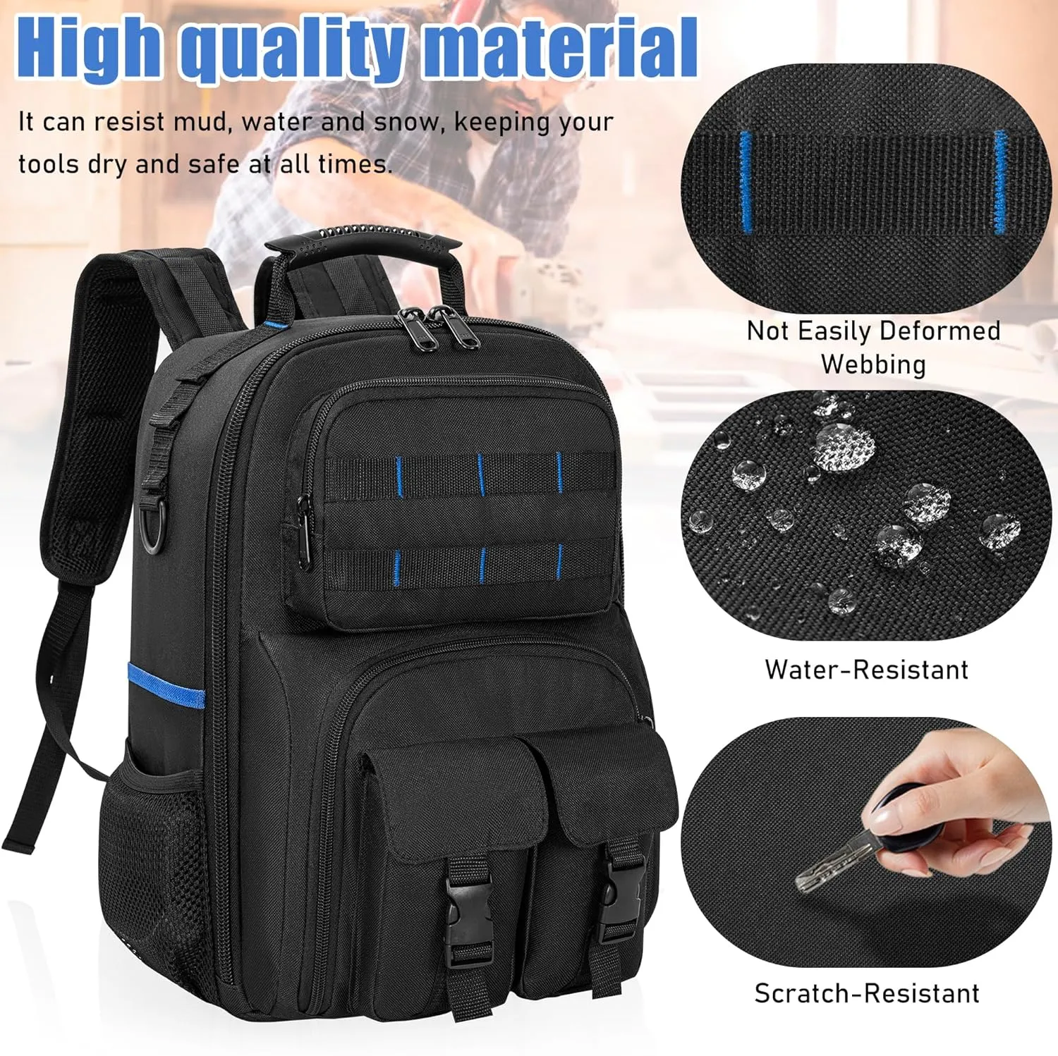 Tool Backpack, Heavy Duty Tool Bag with Padded Shoulder and Removable Tool Organizer, Water-Resistant Work Backpack, for Electrician, Plumber, HVAC, Cable Repairman, Black & Blue