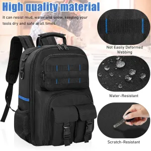 Tool Backpack, Heavy Duty Tool Bag with Padded Shoulder and Removable Tool Organizer, Water-Resistant Work Backpack, for Electrician, Plumber, HVAC, Cable Repairman, Black & Blue