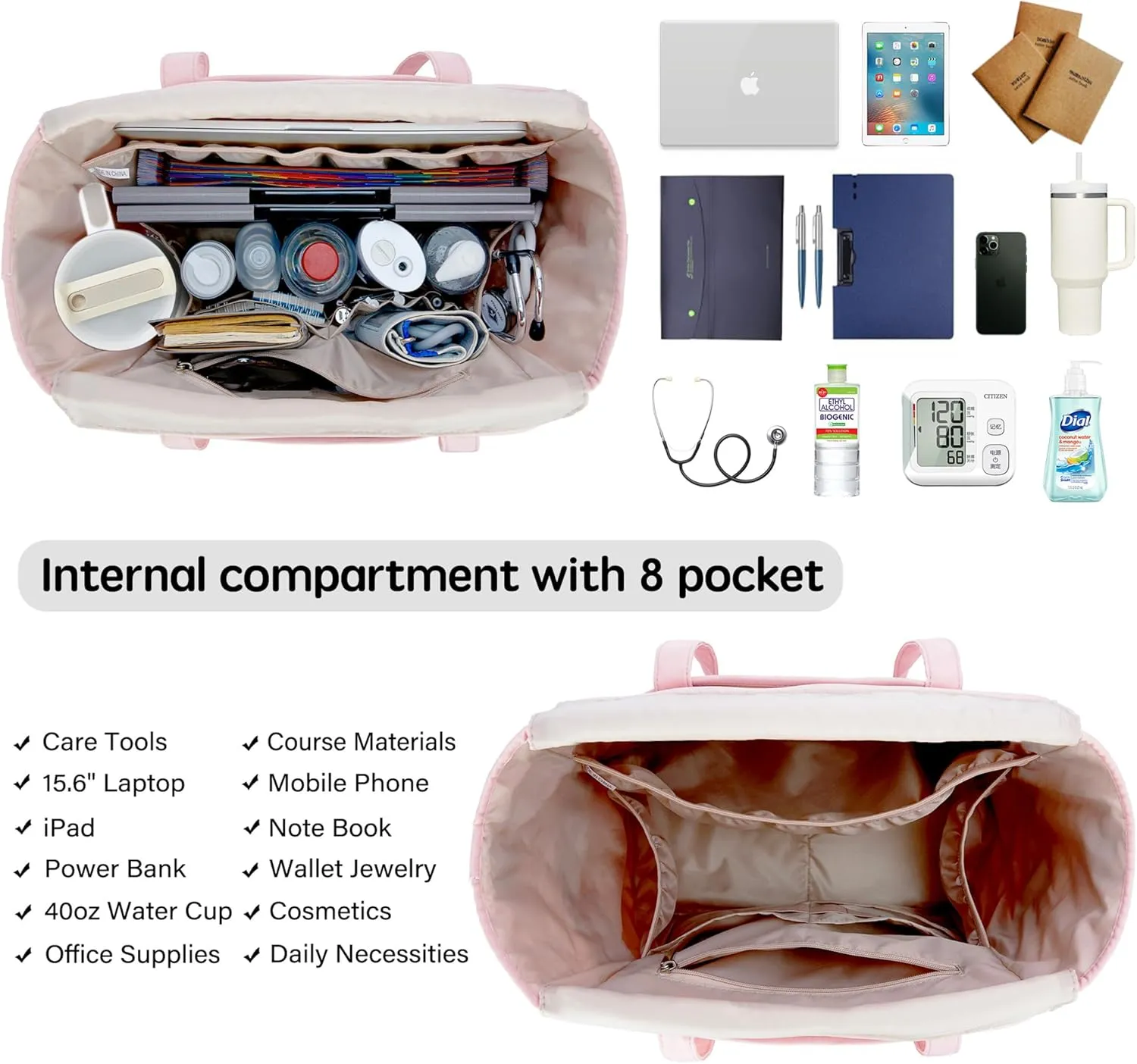 Tote Bag for Women with Water Bottle Pocket Fit for Stanley Cup, Carry On Tote for Work, Nurse, College, Travel
