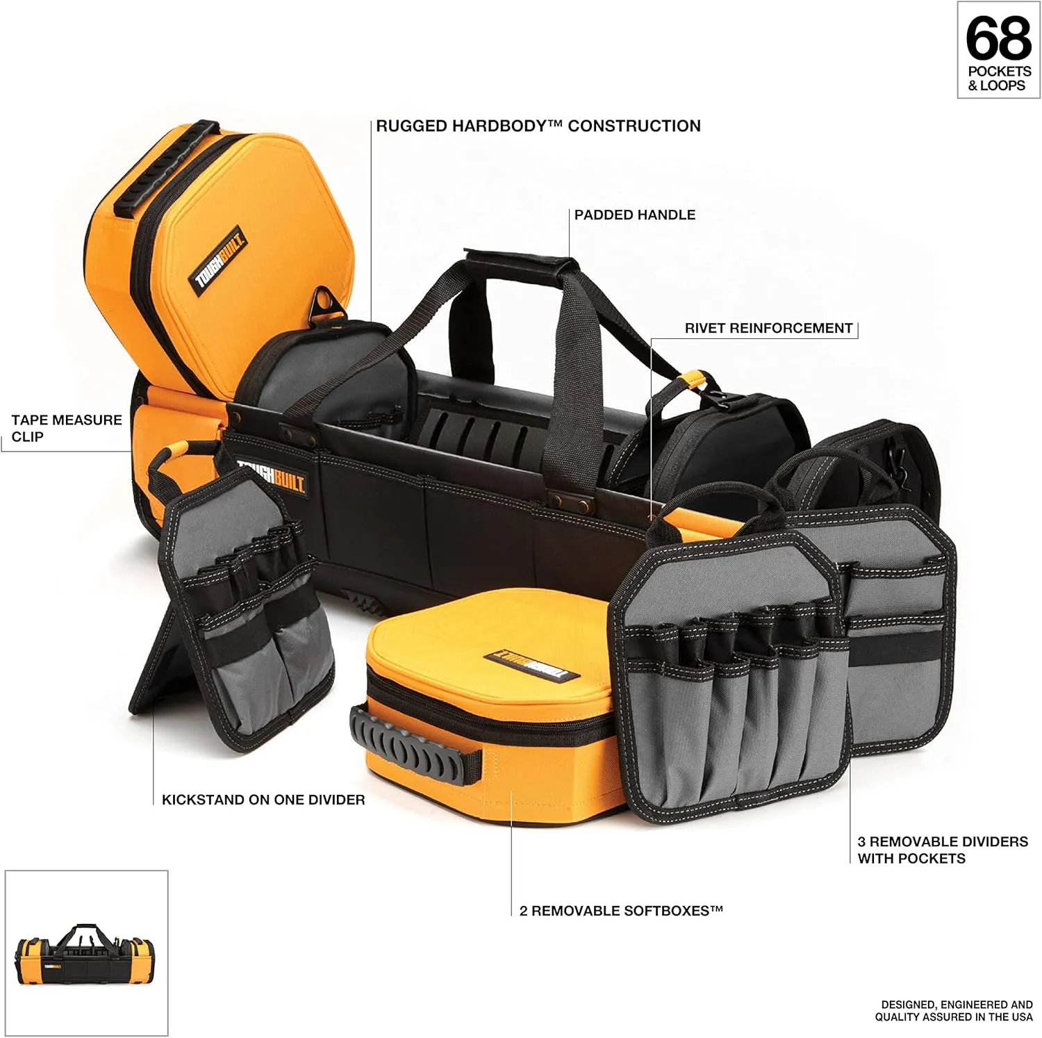 ToughBuilt - 30" Modular Tote Tool Bag - 68 Pockets and Loops, 2 Removable Soft Boxes, 3 Removable Pocket Dividers, Electrical Maintenance Tool Carrier, Storage Organizer/Tool Box - (TB-81-30)