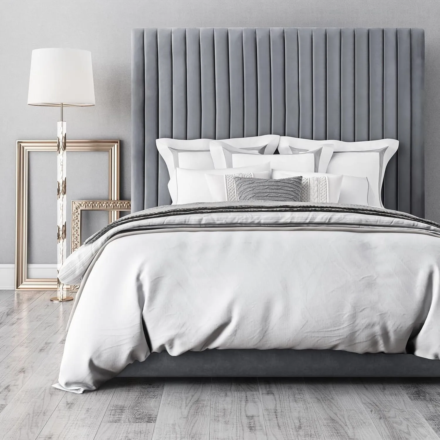 TOV Furniture The Arabelle Collection Modern Handcrafted Tufted Velvet Fabric Upholstered Solid Rubber Wood King Bed, King Size, Gray