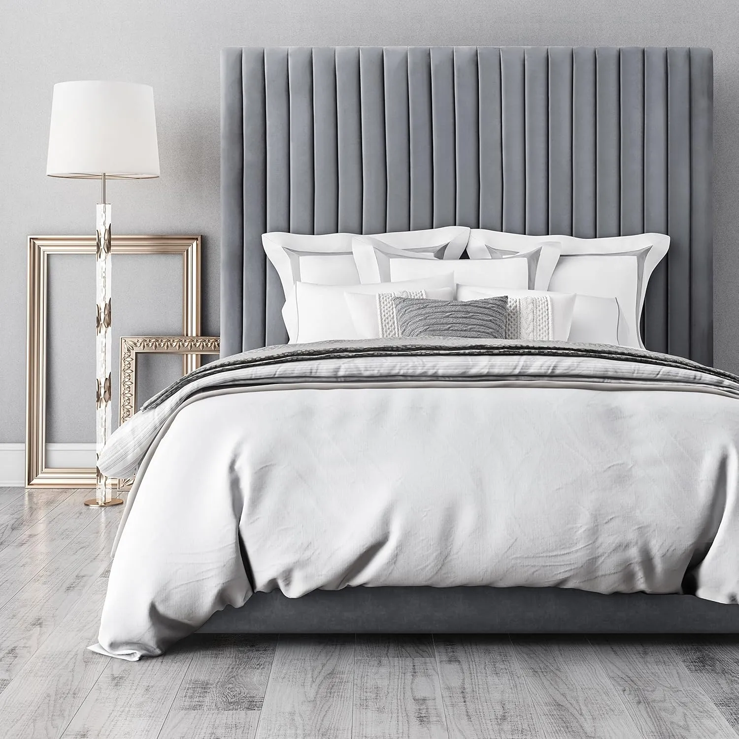 TOV Furniture The Arabelle Collection Modern Handcrafted Tufted Velvet Fabric Upholstered Solid Rubber Wood King Bed, King Size, Gray