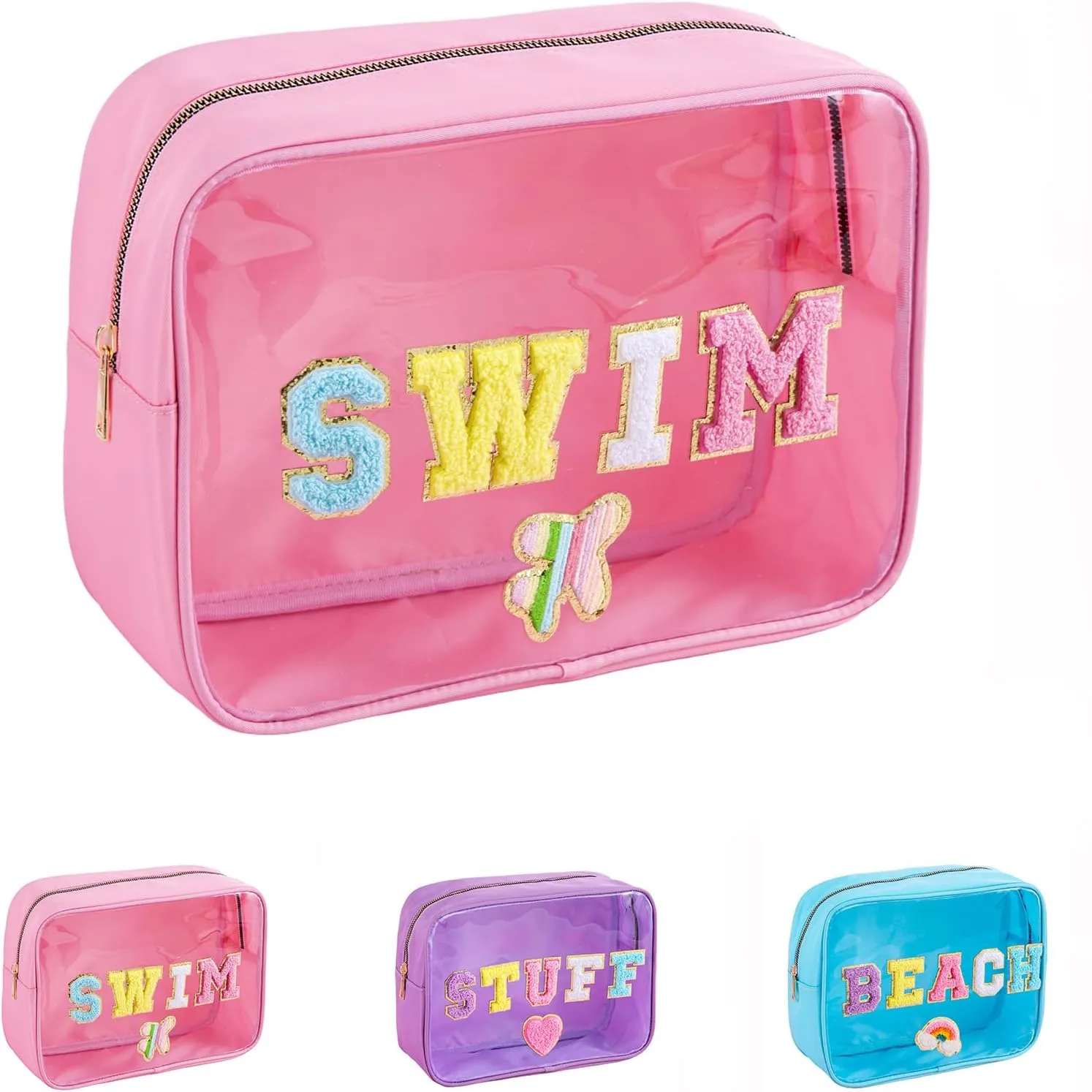 Transparent PVC Cosmetic Bag with SWIM Chenille Letters - Waterproof Large Capacity See-Through Organizer for Beach, Pool & Travel, Trendy Swim Essentials for Women Girls (PINK-SWIM)