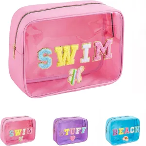 Transparent PVC Cosmetic Bag with SWIM Chenille Letters - Waterproof Large Capacity See-Through Organizer for Beach, Pool & Travel, Trendy Swim Essentials for Women Girls (PINK-SWIM)