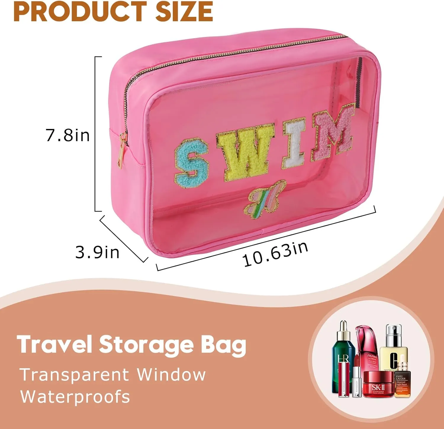 Transparent PVC Cosmetic Bag with SWIM Chenille Letters - Waterproof Large Capacity See-Through Organizer for Beach, Pool & Travel, Trendy Swim Essentials for Women Girls (PINK-SWIM)