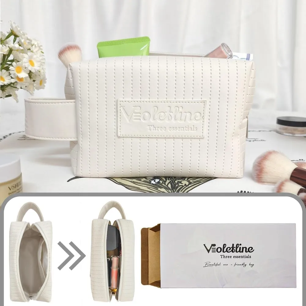 Travel Makeup Bag, Large Capacity Cosmetic Bag for Women, Water resistant Portable Pouch Open Flat Toiletry Bag Makeup Organizer with Handle (White)