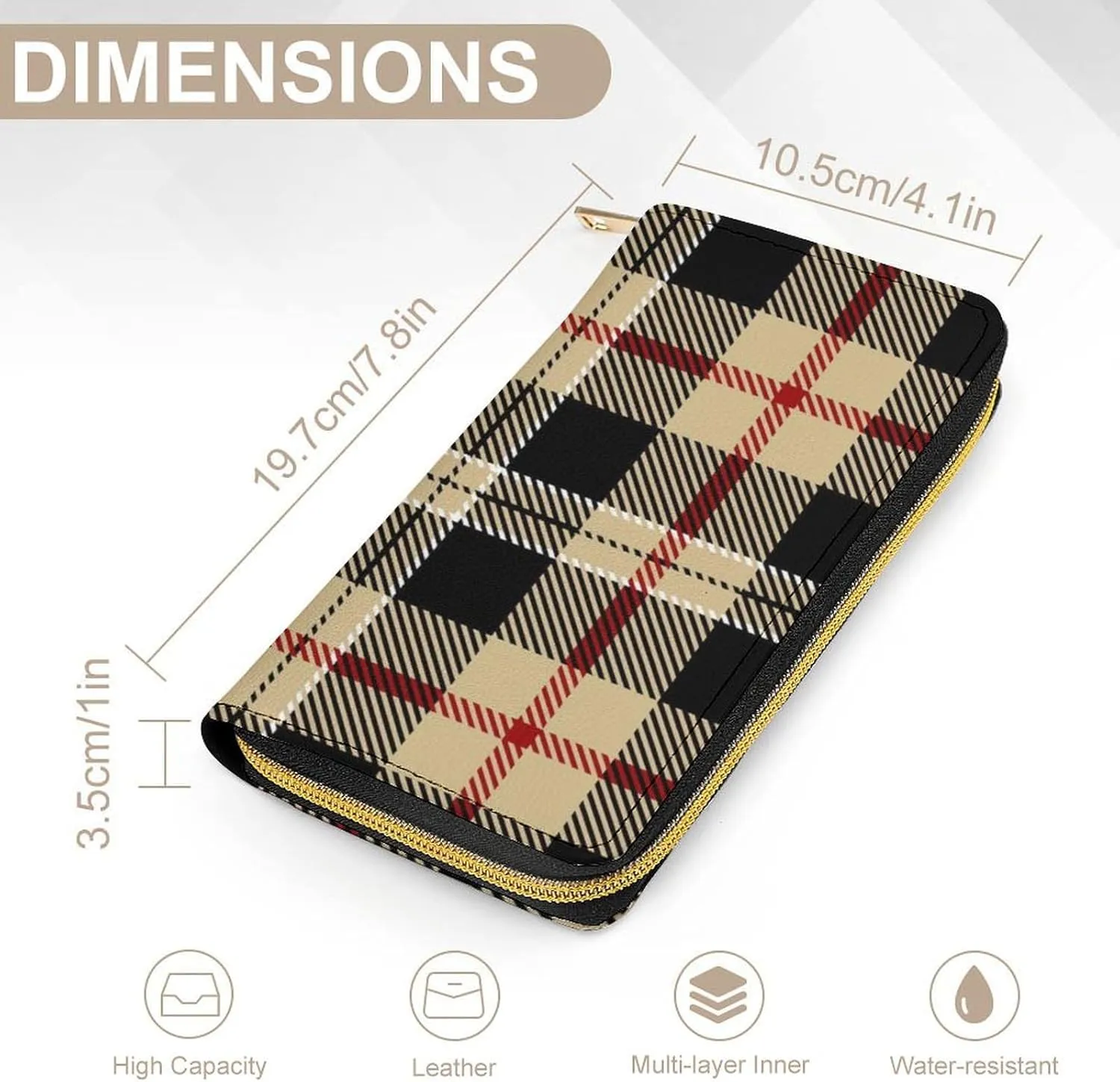 Travel Purse Fashion Design, Huge Storage Capacity Wallet, Cute Decor Wallet, Long PU Zipper Wallet Compatible with Tartan Plaid Pattern